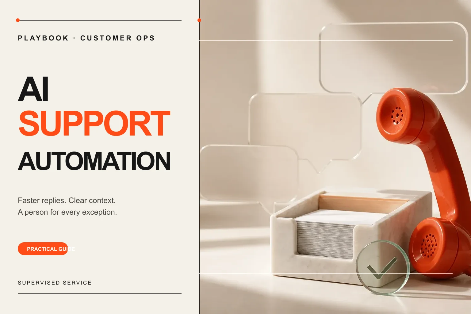 Editorial cover with a sculptural orange telephone and resolved customer-support workflow