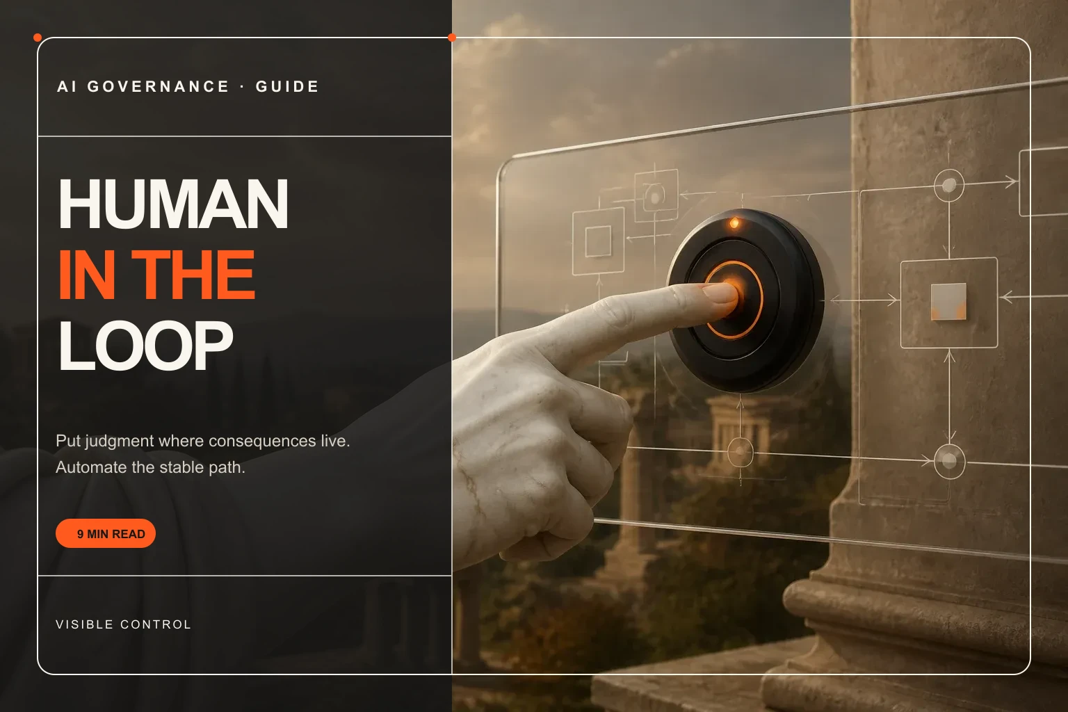 Editorial cover showing a marble hand operating a transparent AI approval gate