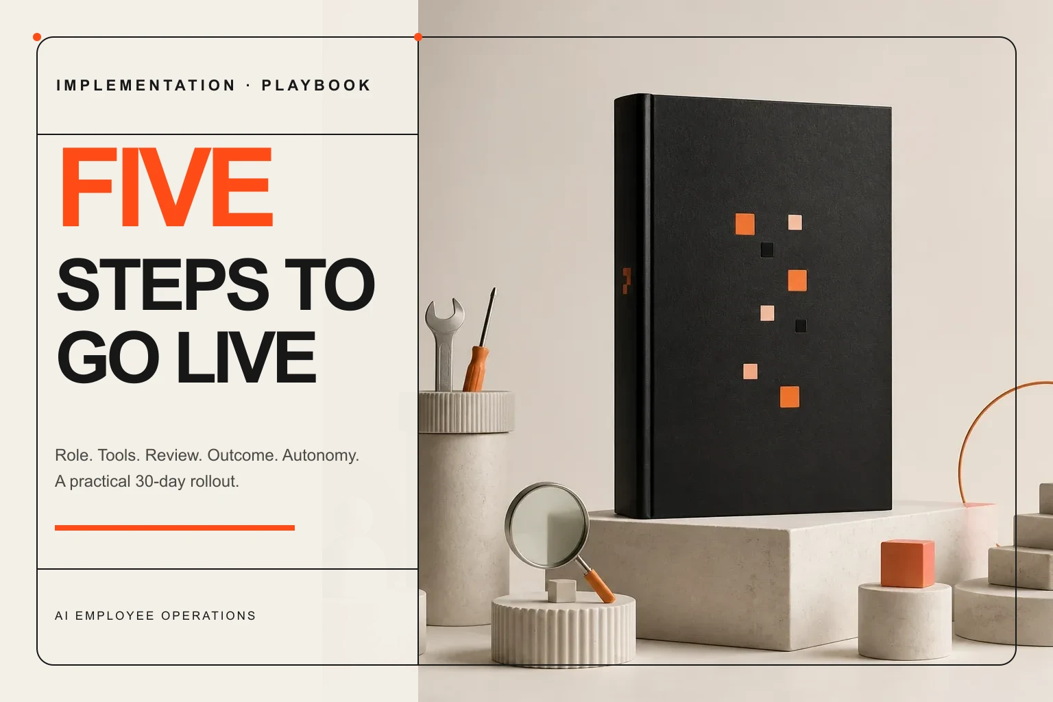 Editorial cover showing a five-step AI employee implementation handbook and tools